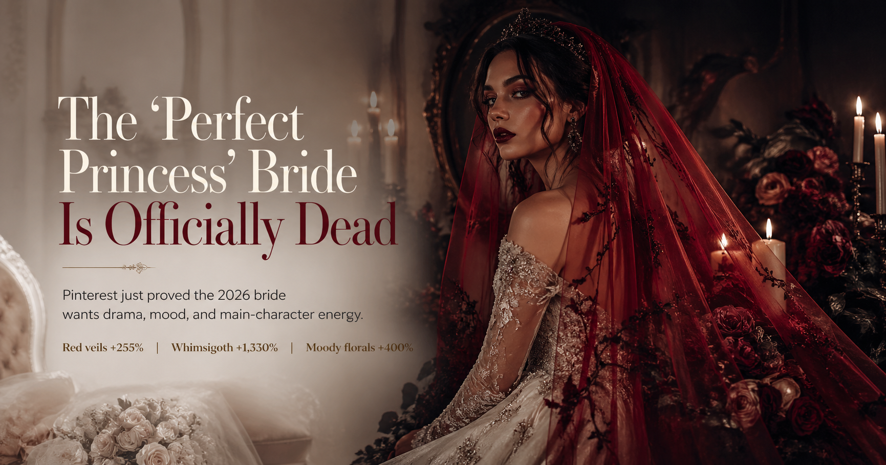 2026 bride wearing a red wedding veil illustrating the Pinterest trend that shows the perfect princess bride aesthetic is over