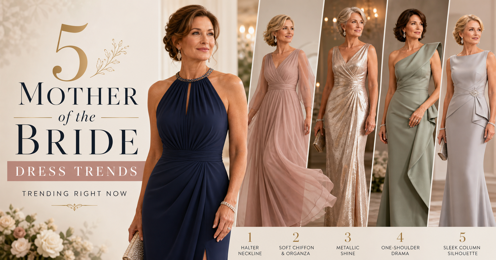 Three trending mother of the bride dresses featuring a navy halter neckline gown, a dusty pink soft chiffon dress, and a champagne metallic column gown.
