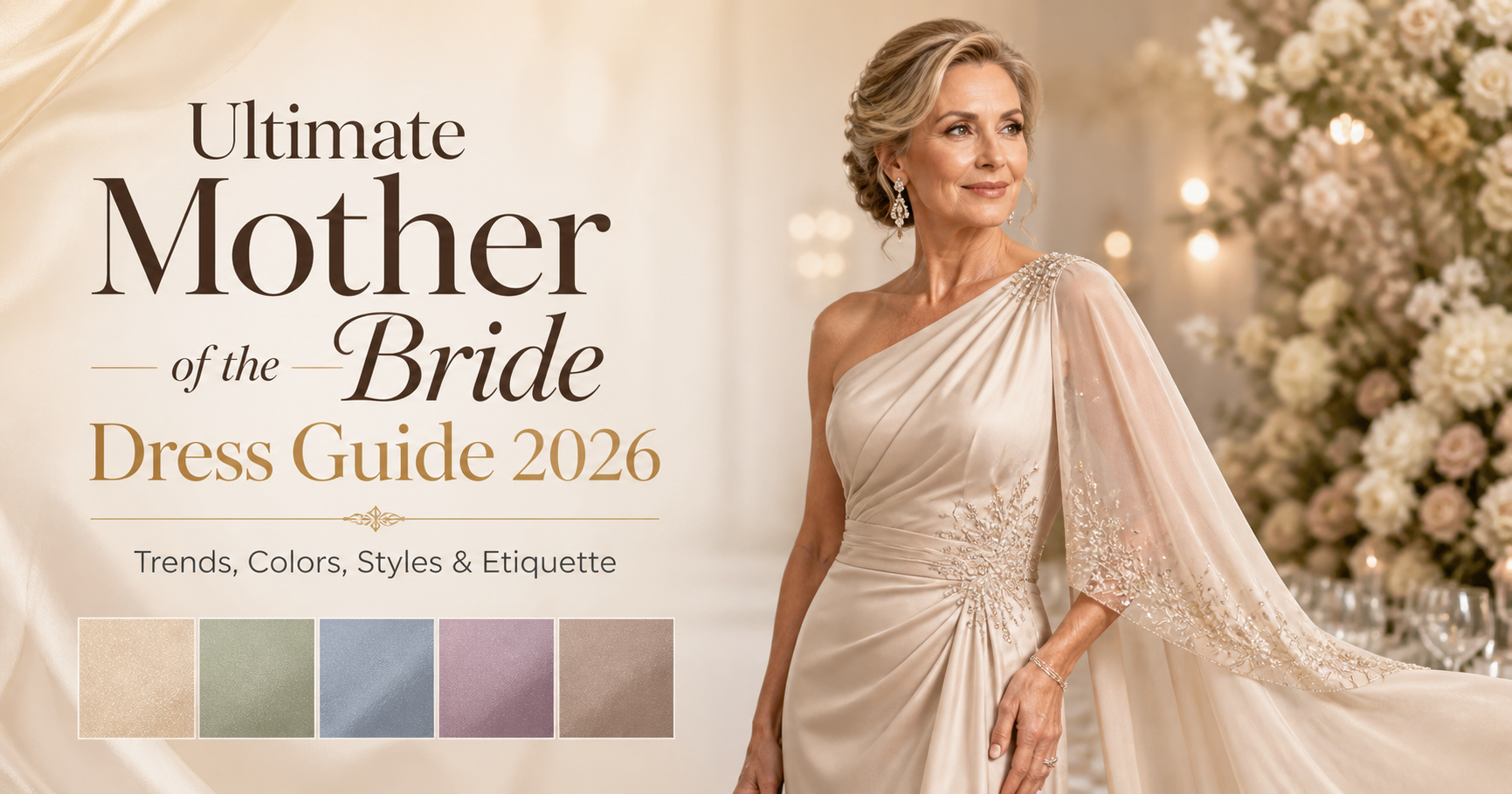Mother of the bride dress guide 2026 — elegant champagne one-shoulder gown showcasing 2026 MOB dress trends, colors, and styles