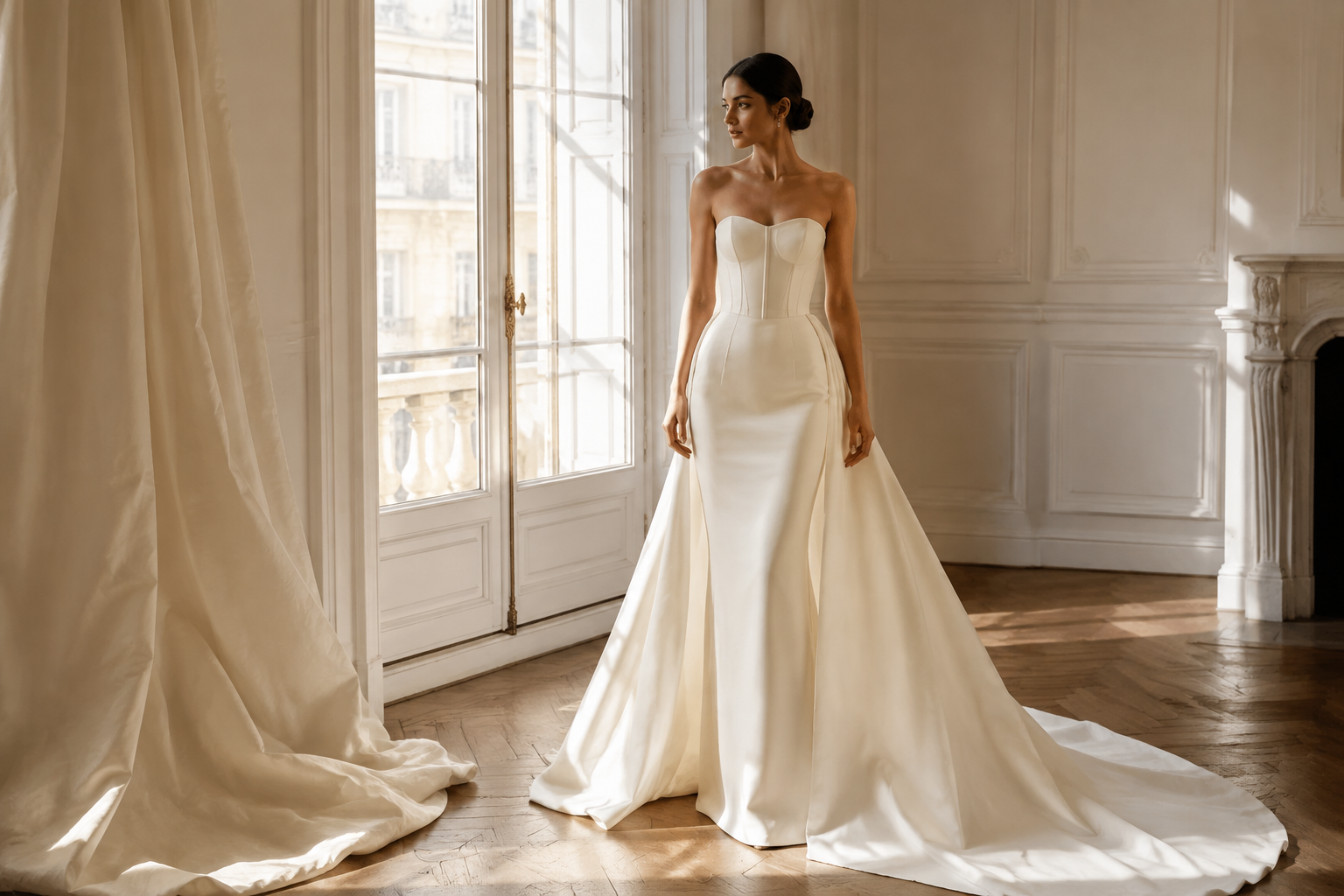 Original editorial illustration: Adult bride in clean ivory crepe column gown with architectural corset seams and detachable overskirt arranged beside her, sunlit salon, contemporary streamlined bridal fashion, full length.