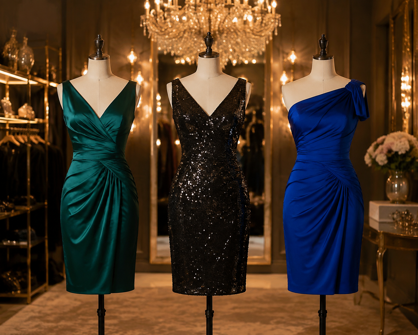 Original editorial illustration: Emerald satin, black sequin and cobalt blue party dresses on dress forms.
