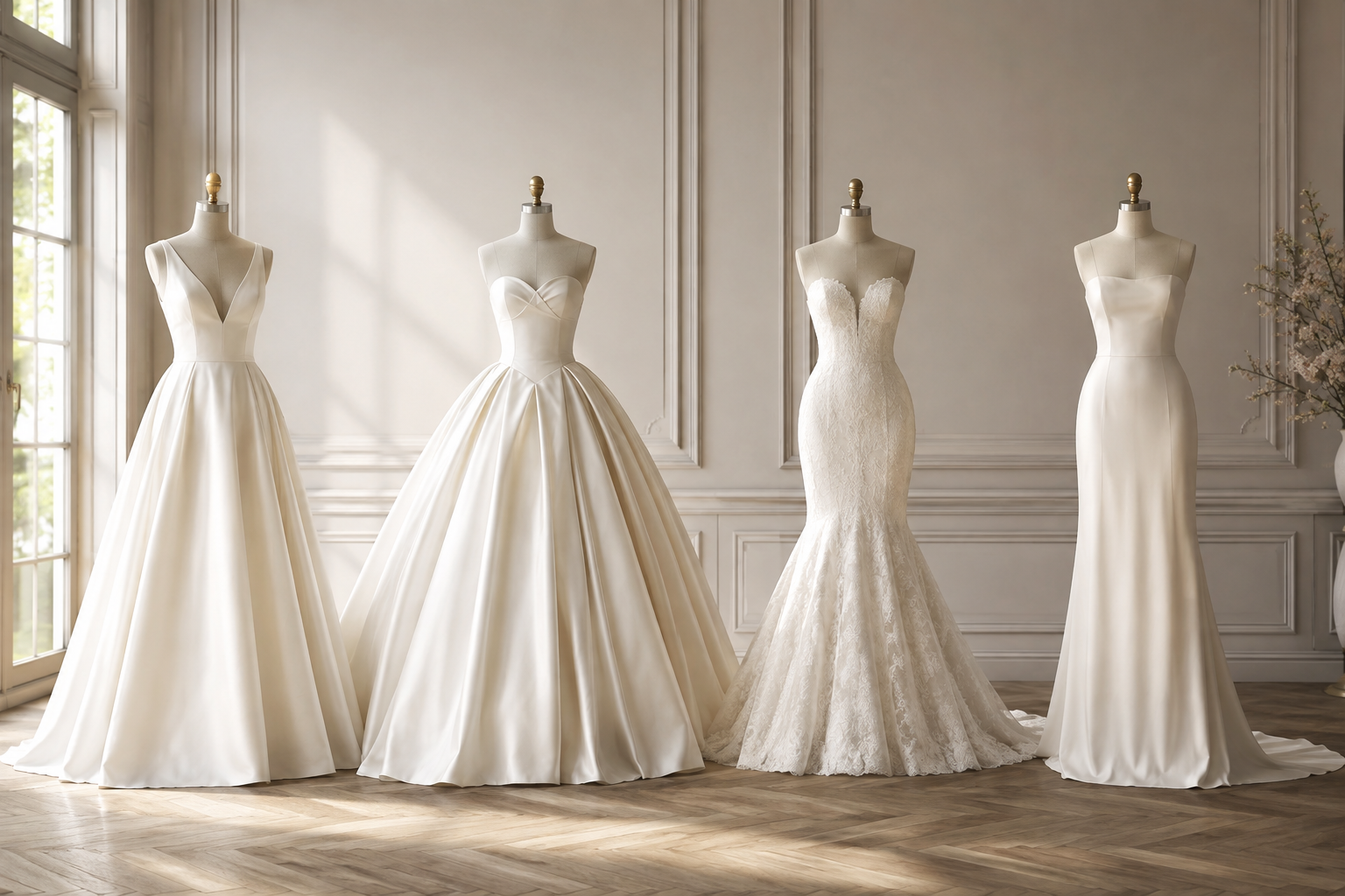 Original editorial illustration: Four ivory wedding gowns on dress forms in a bright studio, clearly distinct A-line, full ballgown, mermaid and straight sheath silhouettes, even spacing, complete hems visible, no labels.