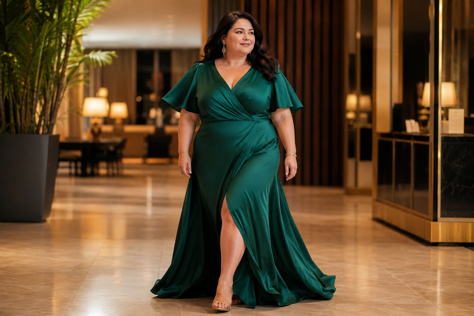 Original editorial illustration: A confident plus-size woman age 42 walking comfortably in an emerald satin wrap gown with flutter sleeves through a warm hotel lobby, fabric moving naturally, full-length fit visible.