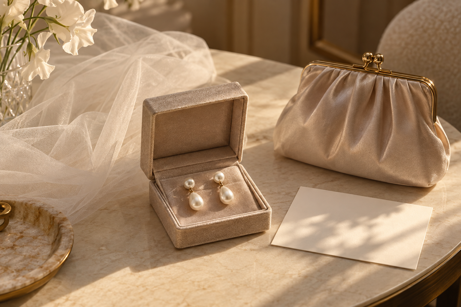 Conceptual illustration of borrowed occasion accessories arranged with a blank note card.