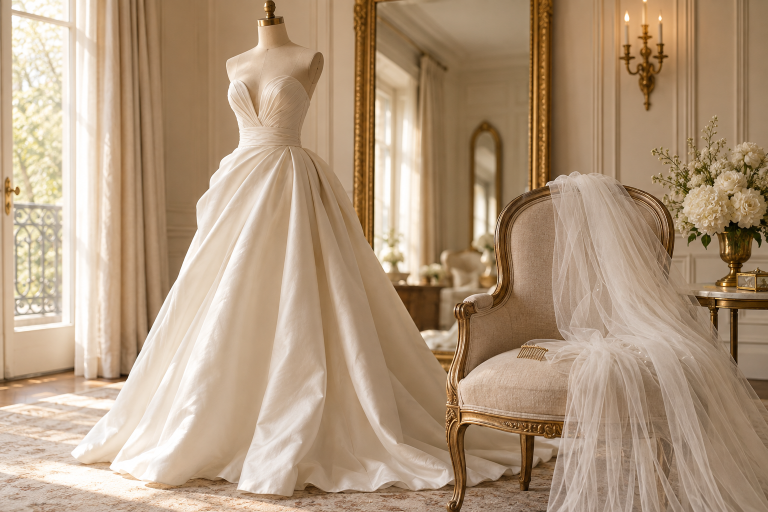 Conceptual illustration of an ivory bridal veil and plain hair comb on an upholstered chair beside a gown.