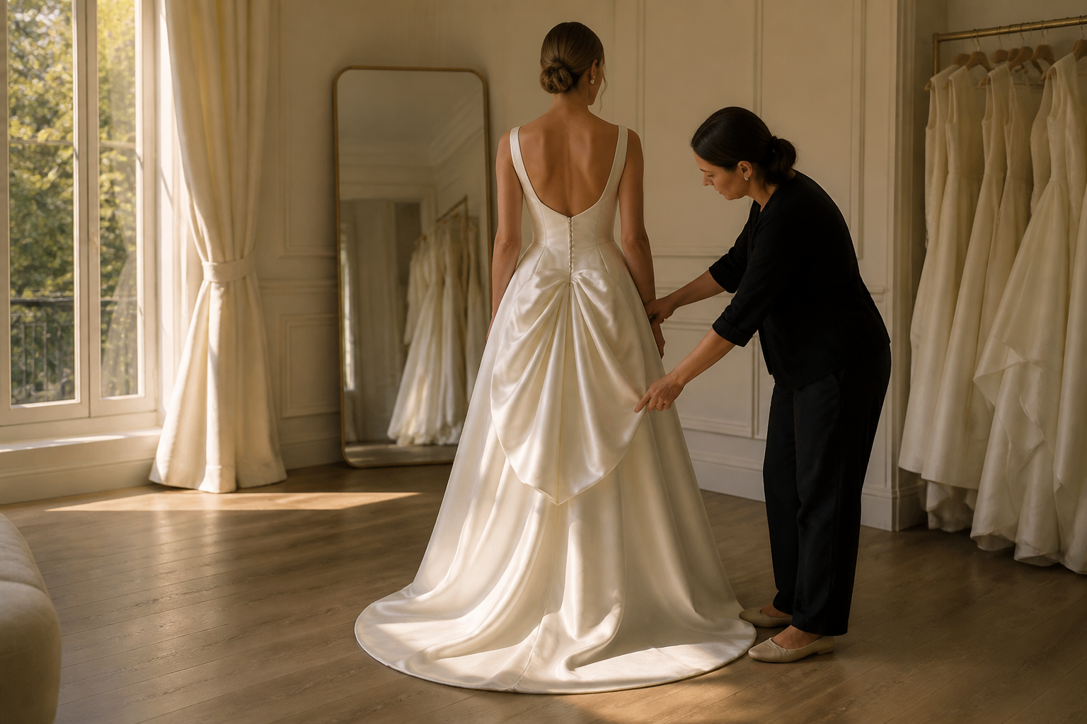 Editorial illustration of a bride and seamstress assessing gathered ivory satin at a bustle fitting.