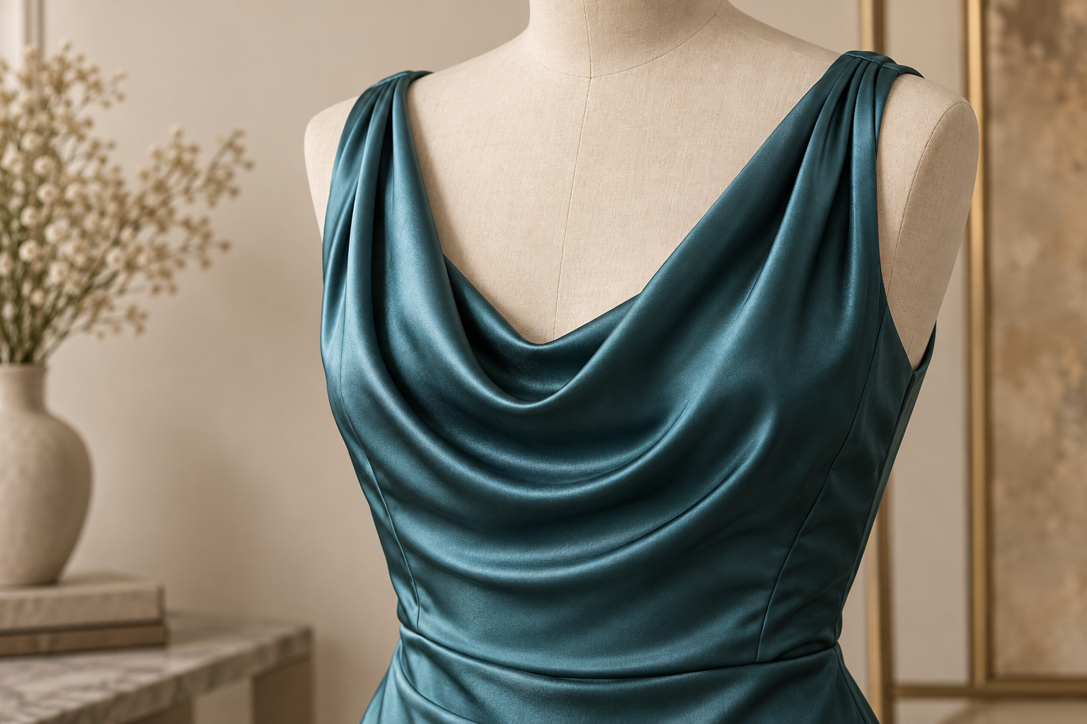 Conceptual teal cowl neckline on a dress form, showing fabric folds.