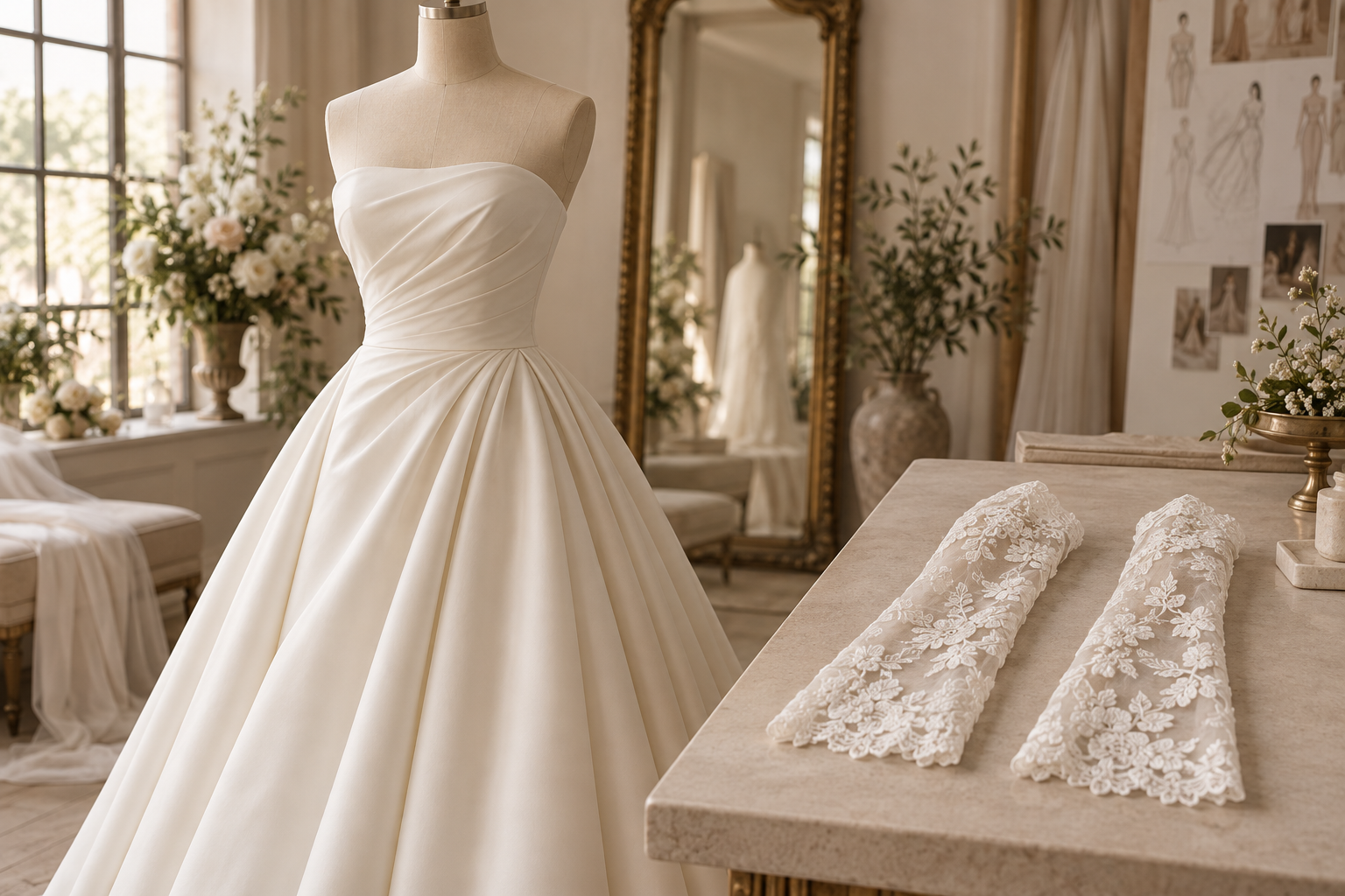 Conceptual ivory bridal dress with separate lace sleeves on a table.