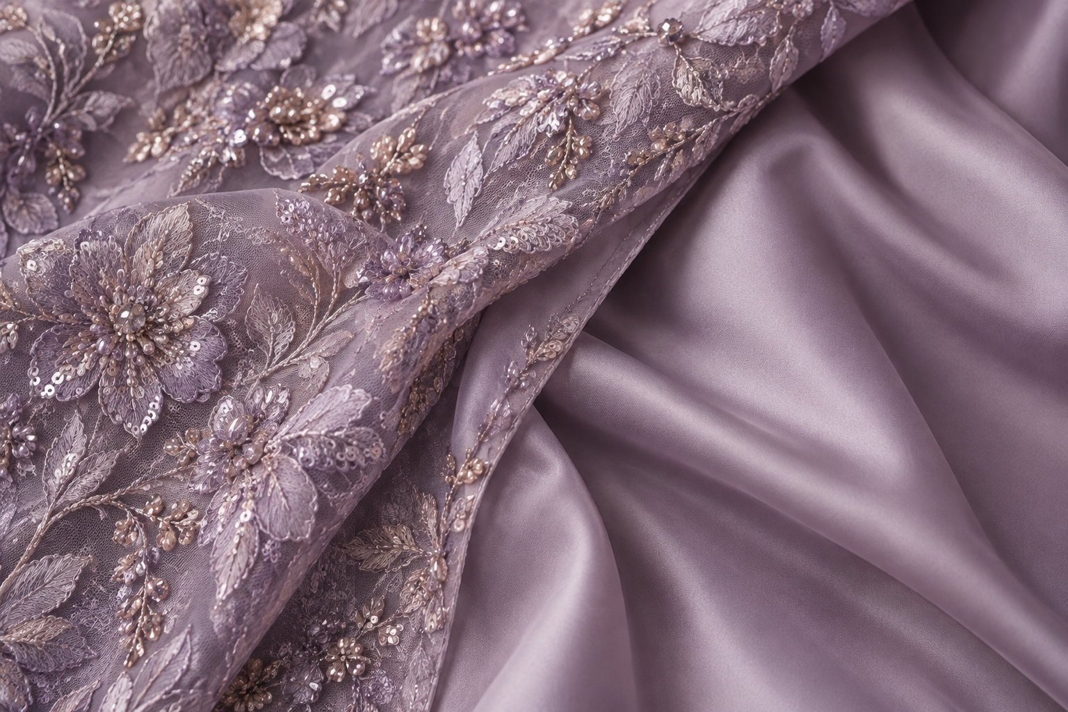 Conceptual illustration: Close detail of generic embellished lavender gown outer fabric folded back beside smooth lining, no exposed body, no hand manipulating delicate material.