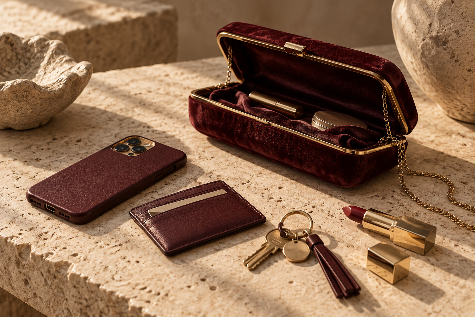 Conceptual illustration of an evening clutch and a small set of essentials.