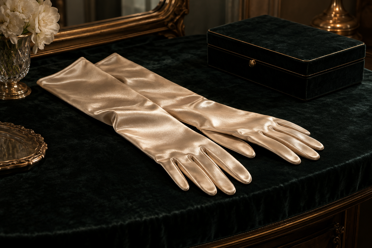 Conceptual champagne evening gloves beside a closed jewelry case.