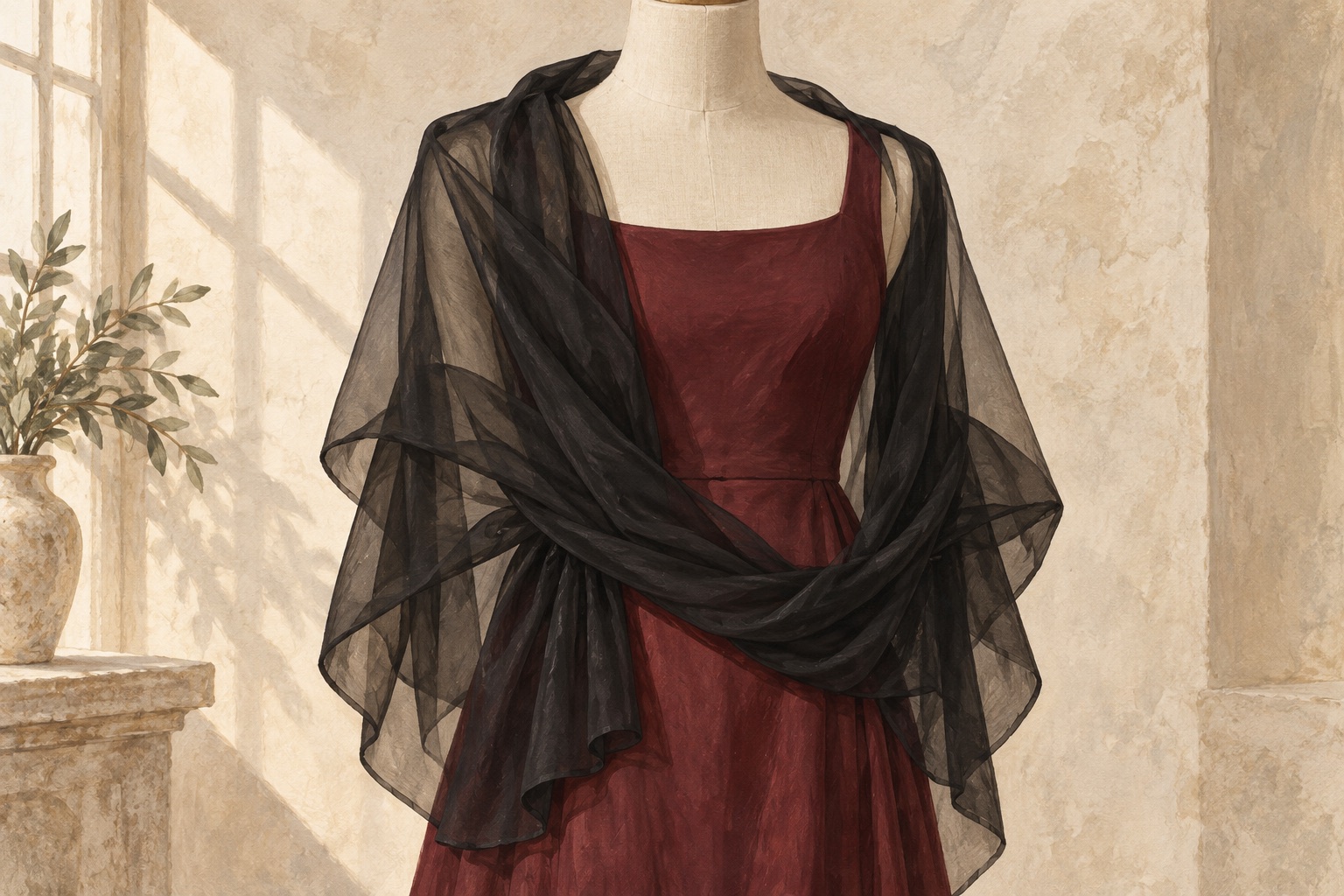 AI styling illustration of a black chiffon wrap over a burgundy dress on a dress form; not the linked product.