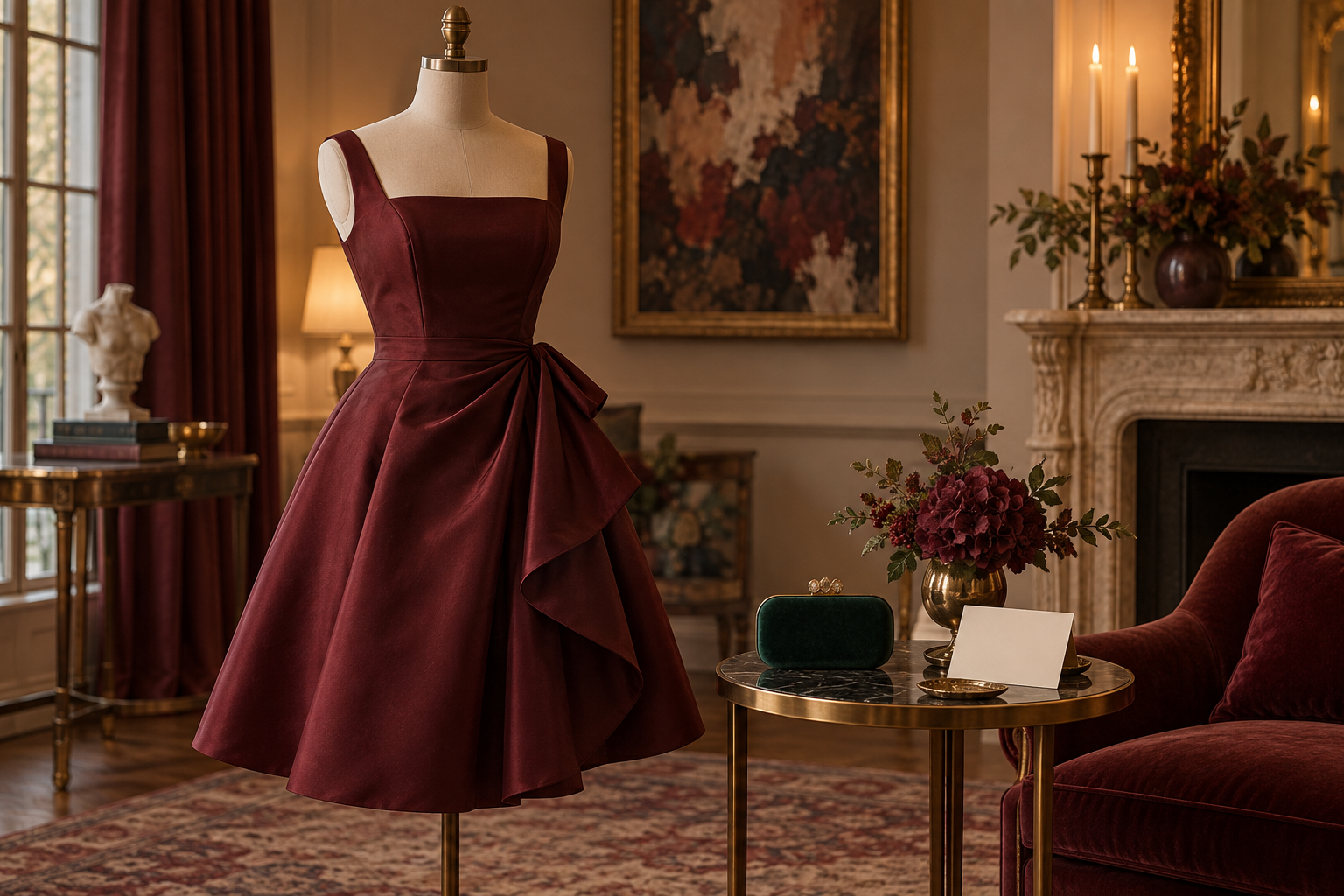 Conceptual burgundy cocktail dress with a clutch and blank invitation.