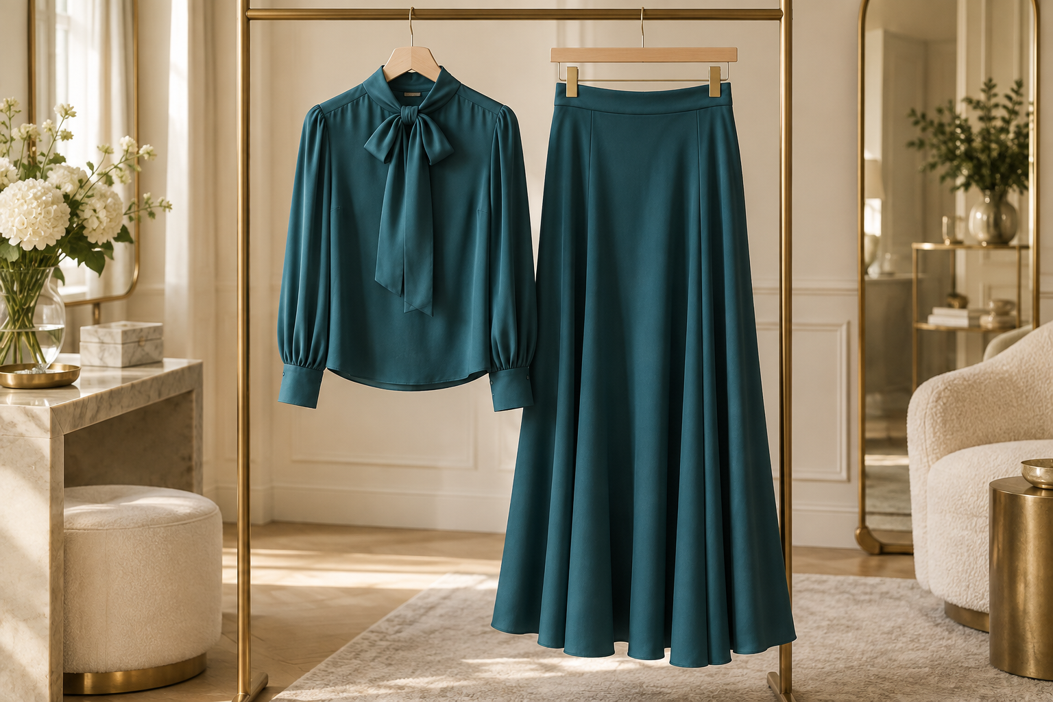 Conceptual illustration of a teal formal blouse and coordinating long skirt on adjacent hangers with the waistband visible.