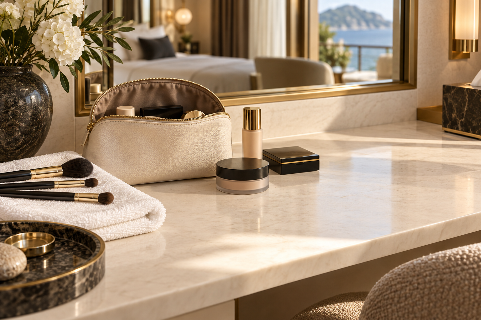 Conceptual illustration of a small vanity with a cosmetics pouch and a few makeup tools.
