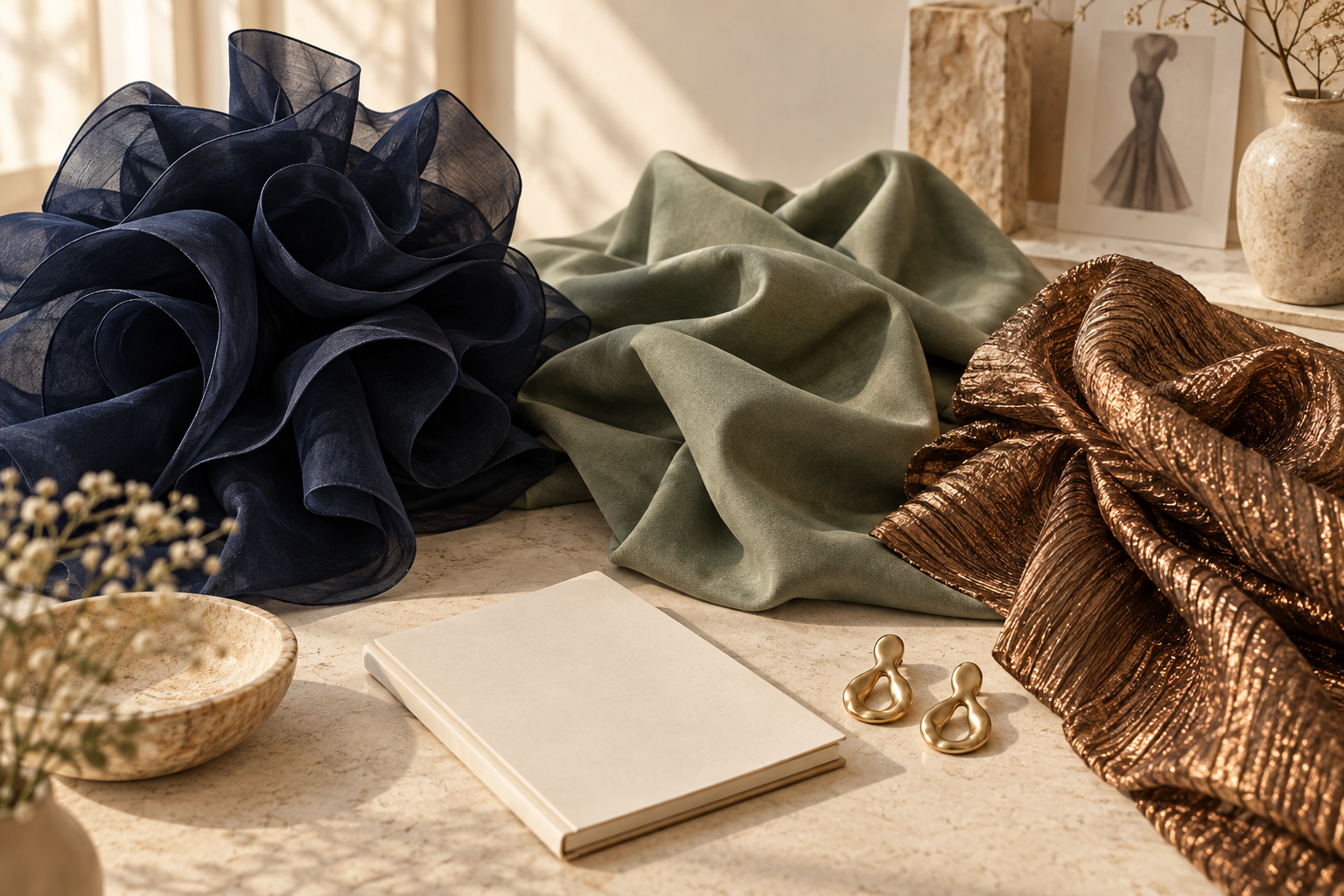 Conceptual illustration of navy, sage and bronze eveningwear fabrics arranged with accessories and a blank notebook.