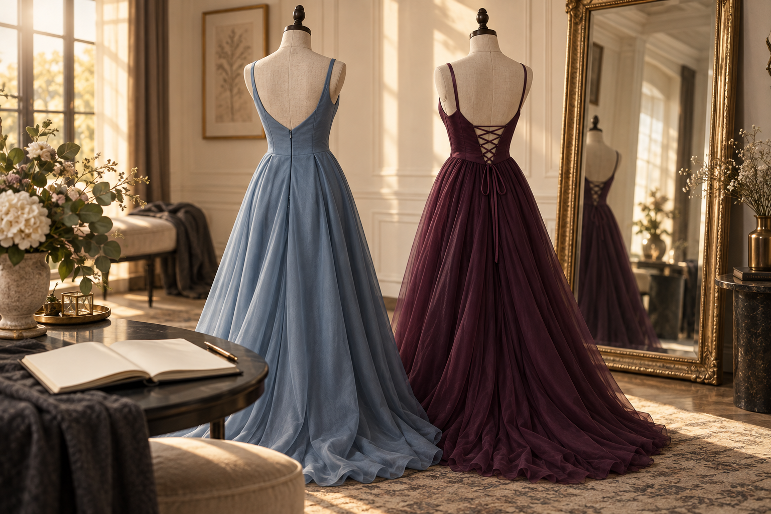 Conceptual illustration of two prom gown backs beside a mirror and an open notebook.