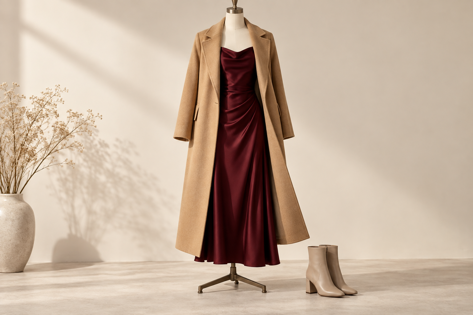 Conceptual camel coat layered over a burgundy occasion dress on a form.