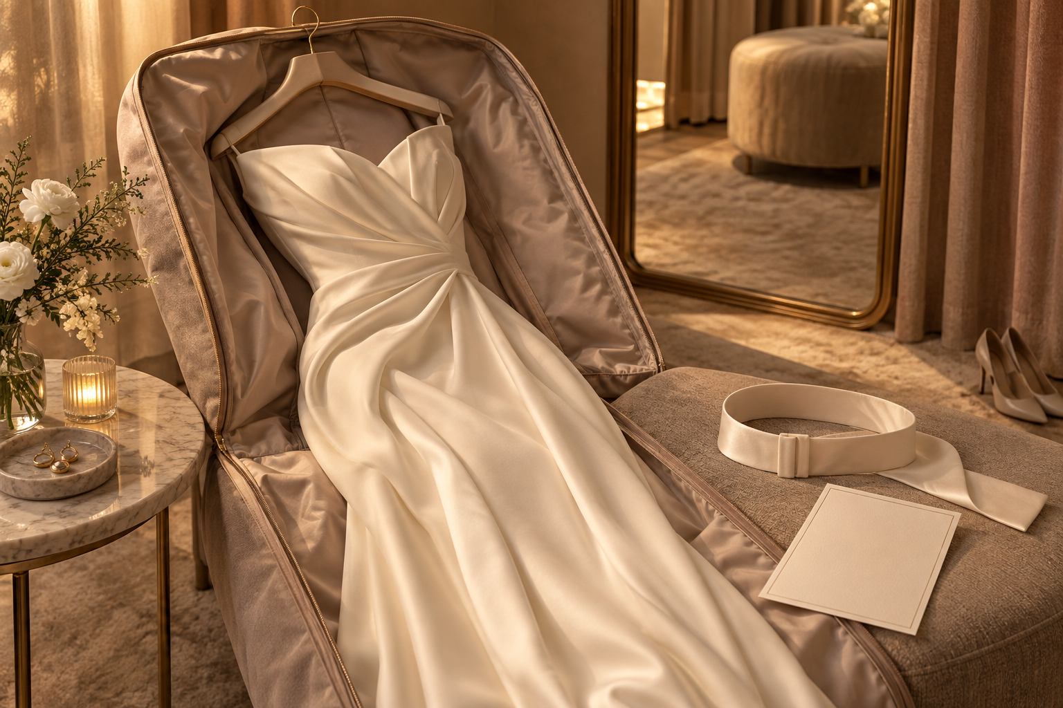Conceptual illustration of a garment bag, occasion dress and separate belt.