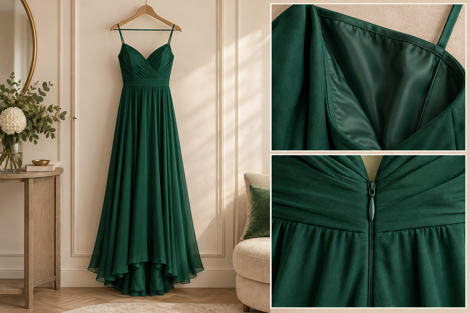 Conceptual illustration: Generic pre-owned emerald occasion dress hanging neatly with separate close-view compositional inset of lining and zipper, no text, no counterfeit branding.