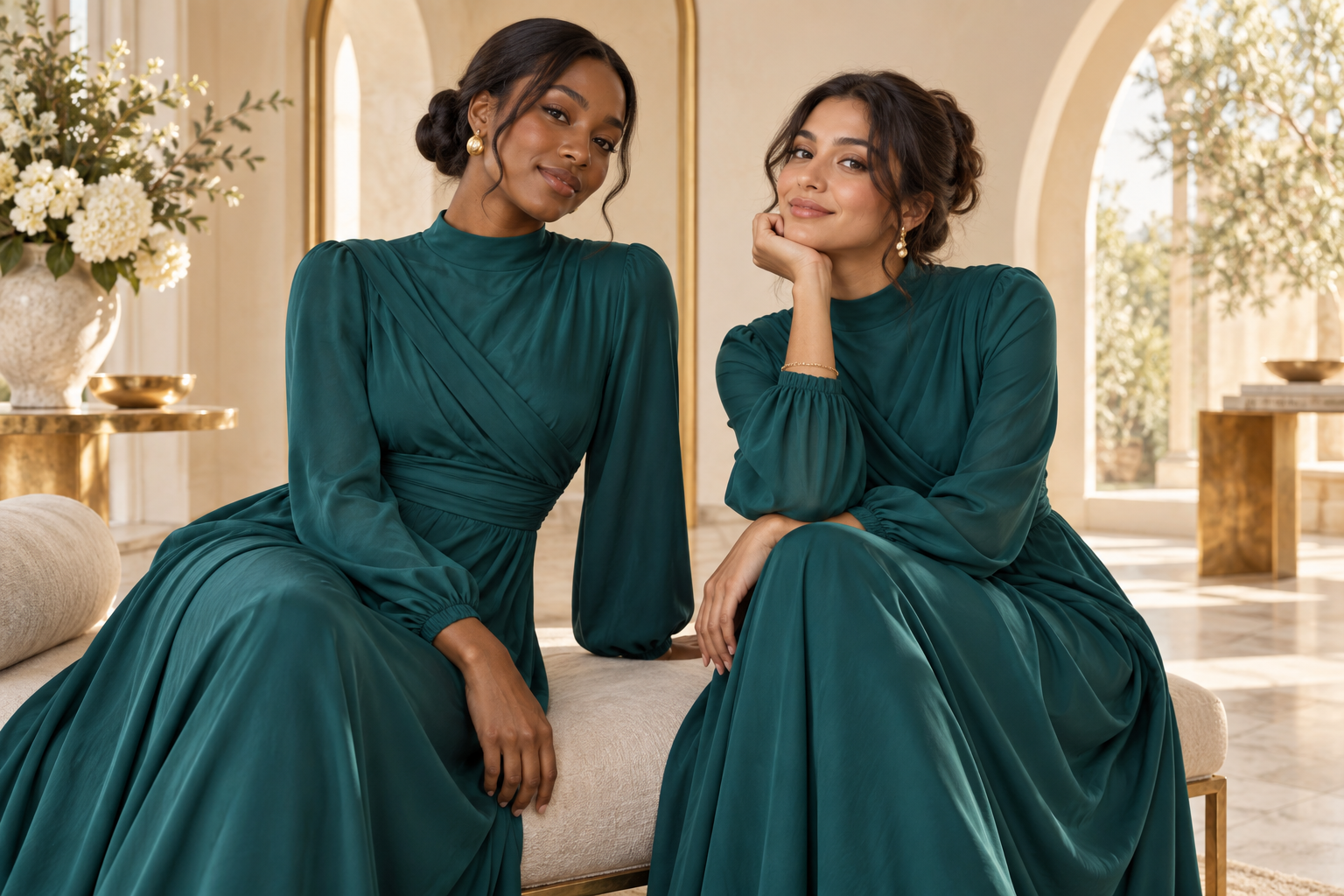 Conceptual illustration of two young adult friends wearing matching teal formal dresses with different simple accessories.