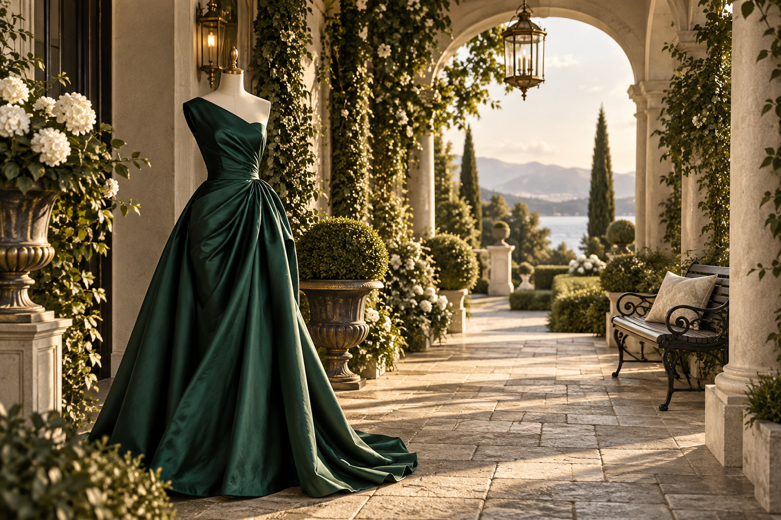 Conceptual illustration of an occasion dress beside a covered terrace and paved path.