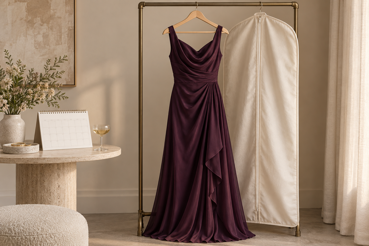 Conceptual plum formal dress beside a garment bag and blank calendar.