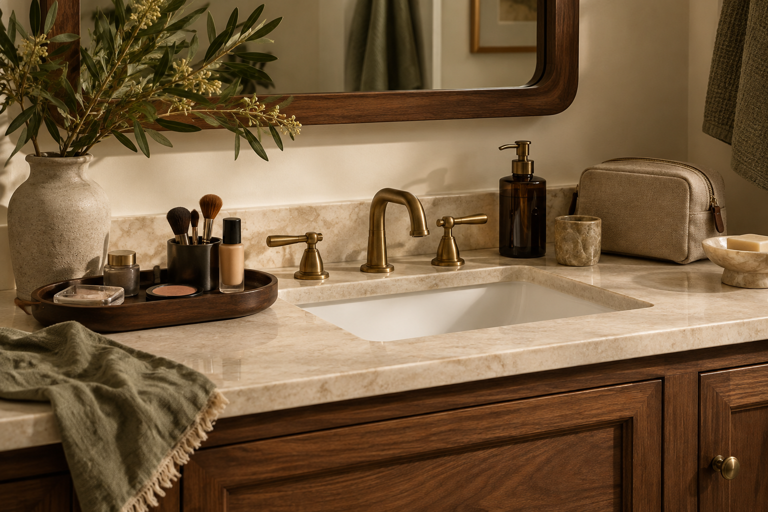 A bathroom vanity with familiar makeup items grouped on a tray, a separate closed beige personal pouch and clear space around the basin.