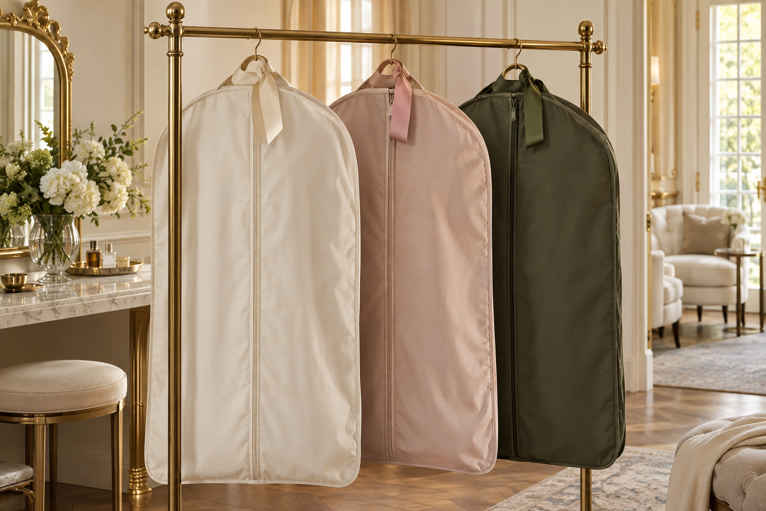 Conceptual illustration of three plain garment bags with distinct colored ribbon loops on their handles in a shared dressing room.