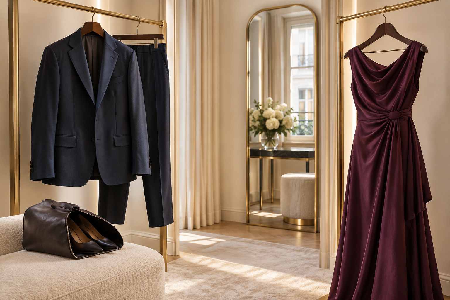Conceptual illustration of a navy work outfit and plum occasion dress on adjacent rails beside a shoe bag.