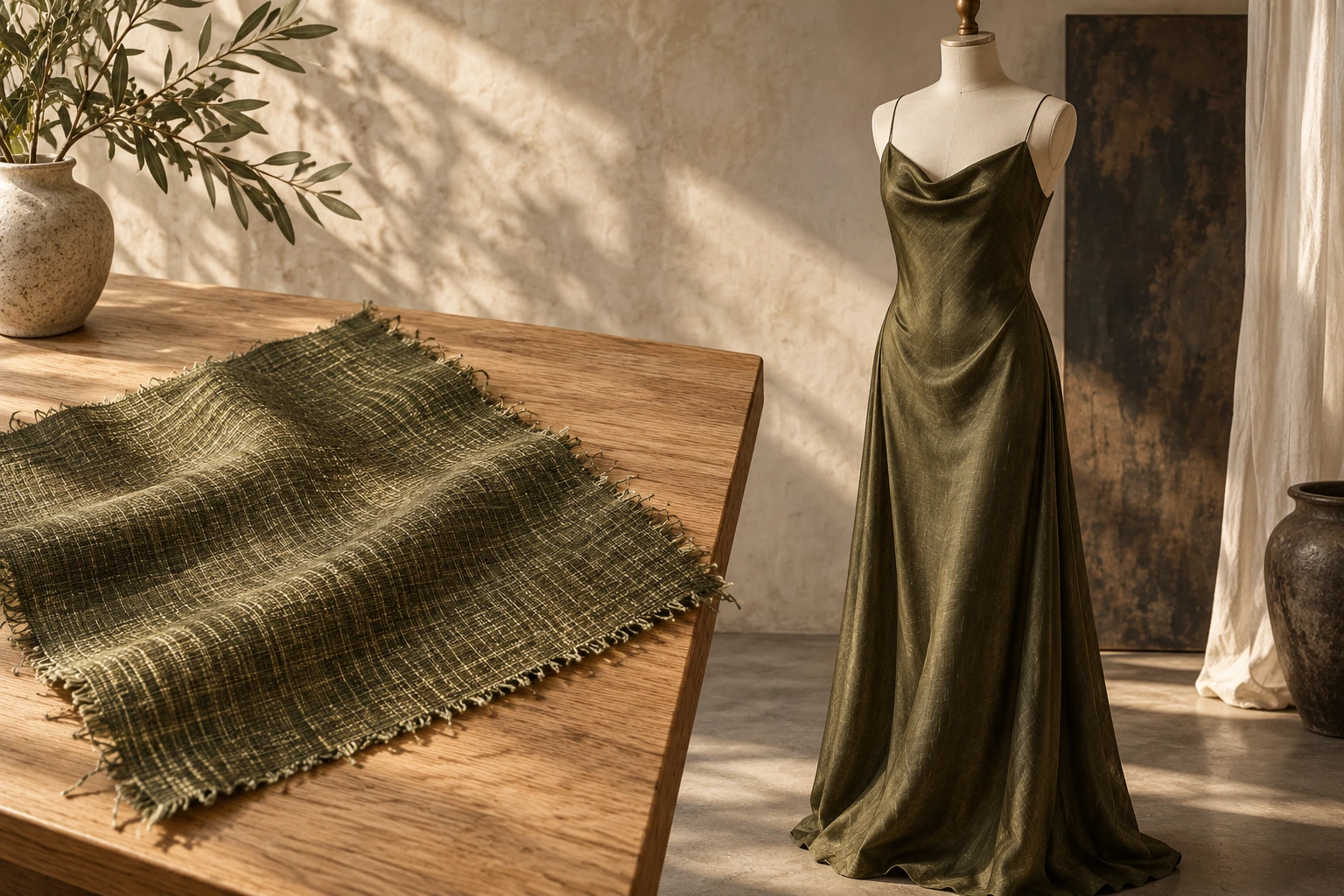 Editorial illustration of an olive slip-style dress beside a diagonally placed woven fabric swatch.