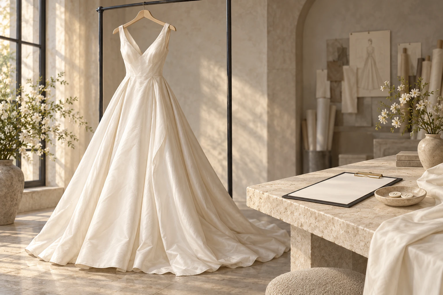 Editorial illustration of an ivory gown beside an inspection sheet and a dish containing two buttons.