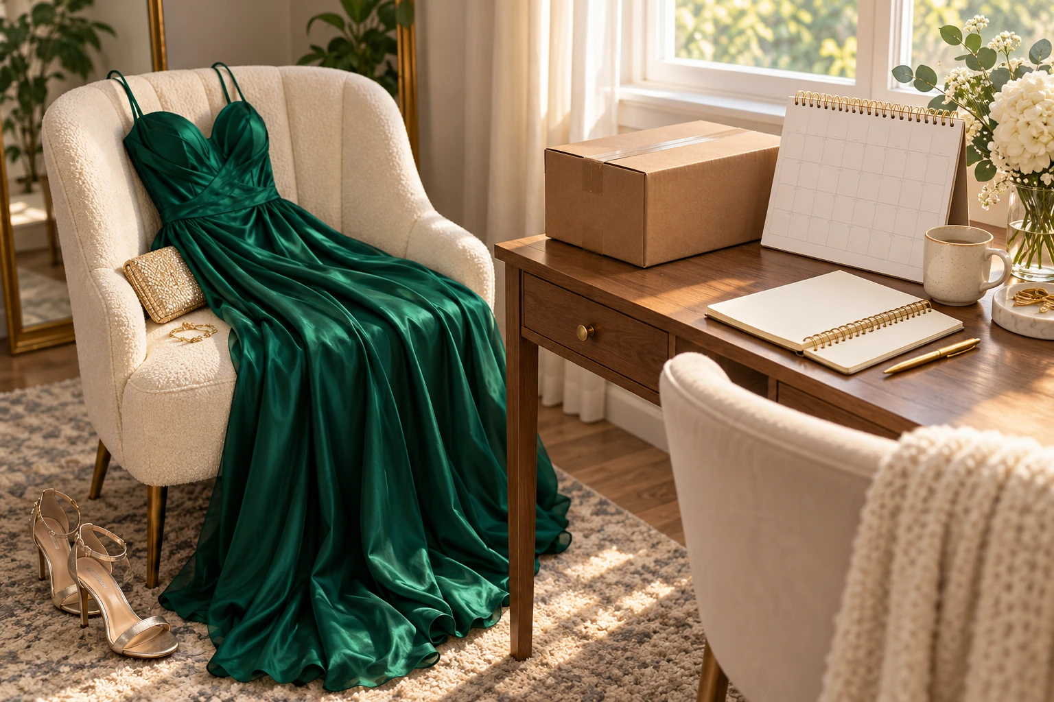 Editorial illustration of an emerald dress beside a shipping box, blank calendar and notebook.