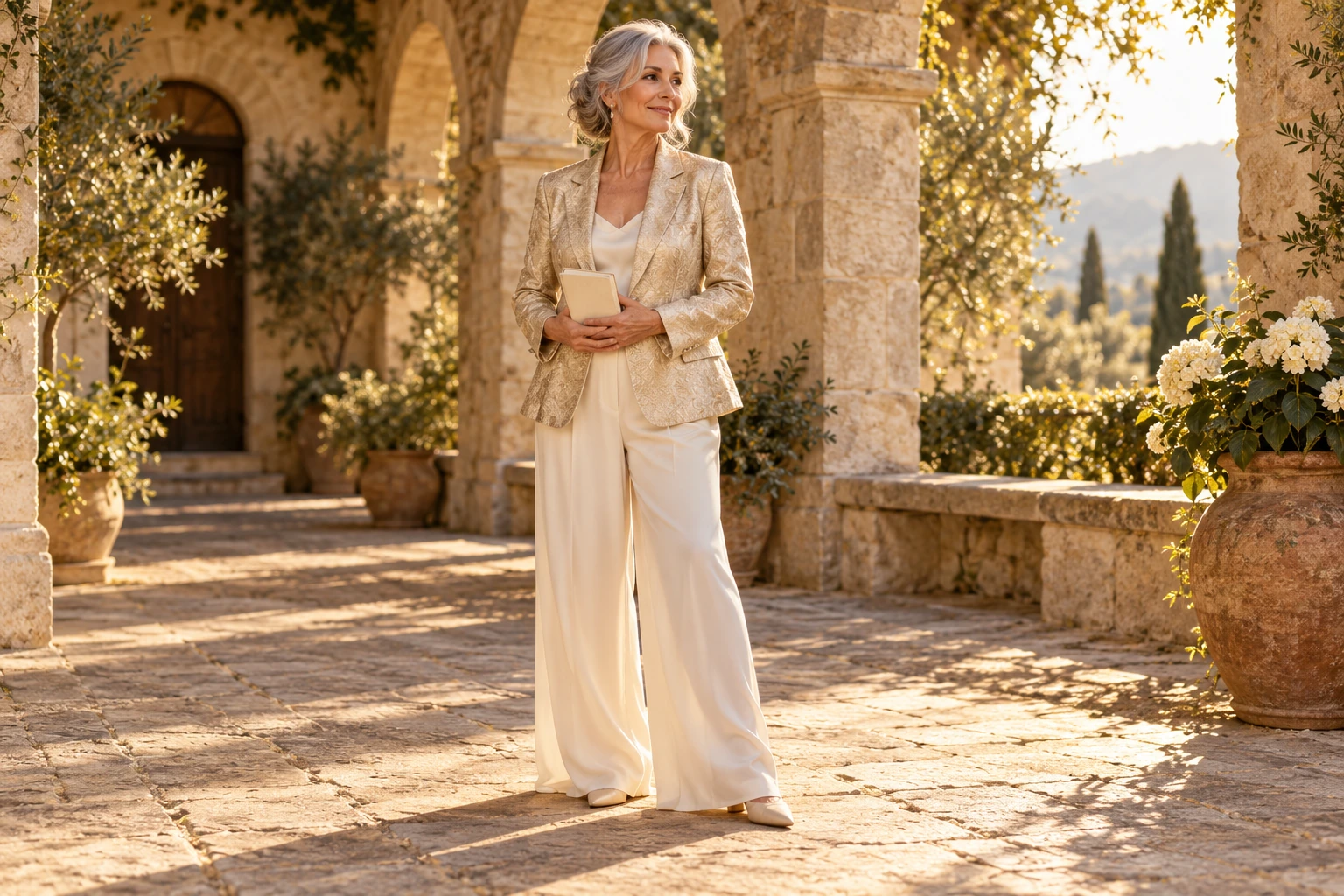 Editorial illustration of an older woman in a champagne jacket and ivory trousers standing in a sunlit courtyard.