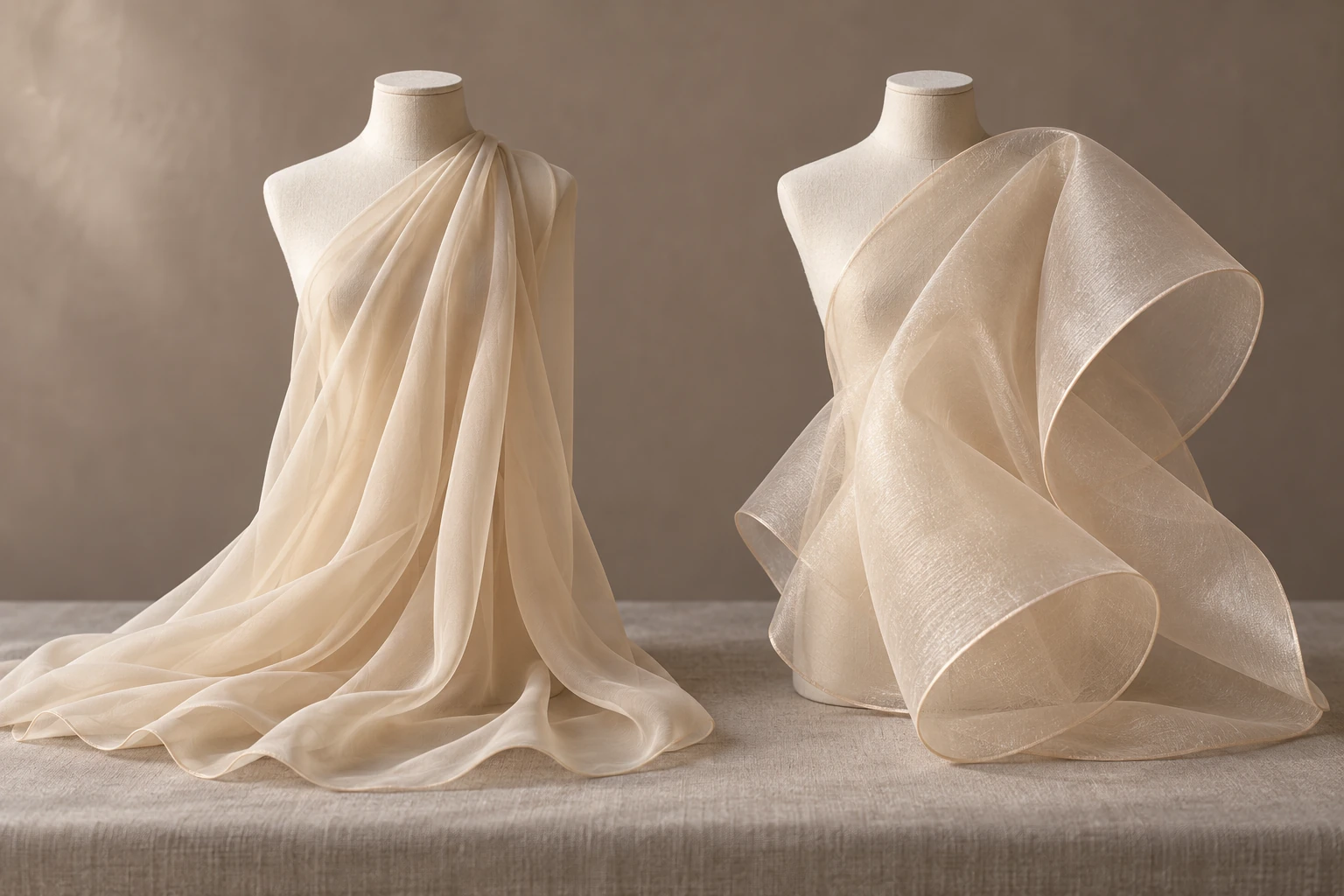 Two pale-champagne sheer fabrics arranged in fluid folds and a more structured loop.