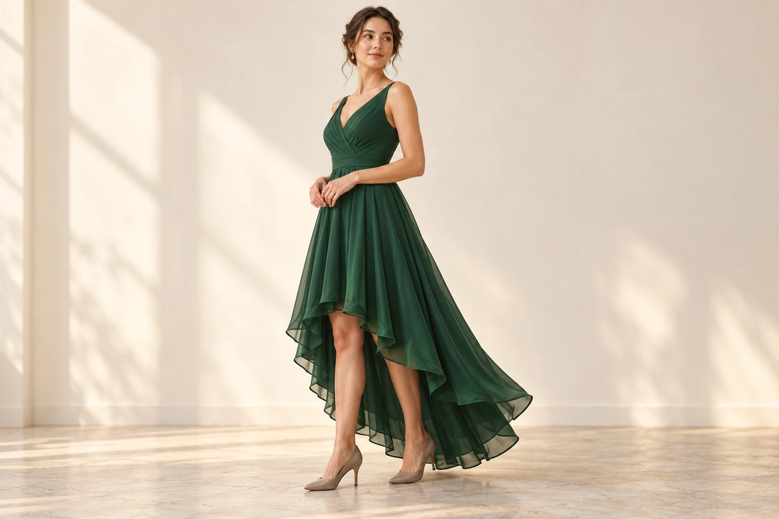 Adult wearing a forest-green high-low dress with a shorter front, longer back and taupe shoes.