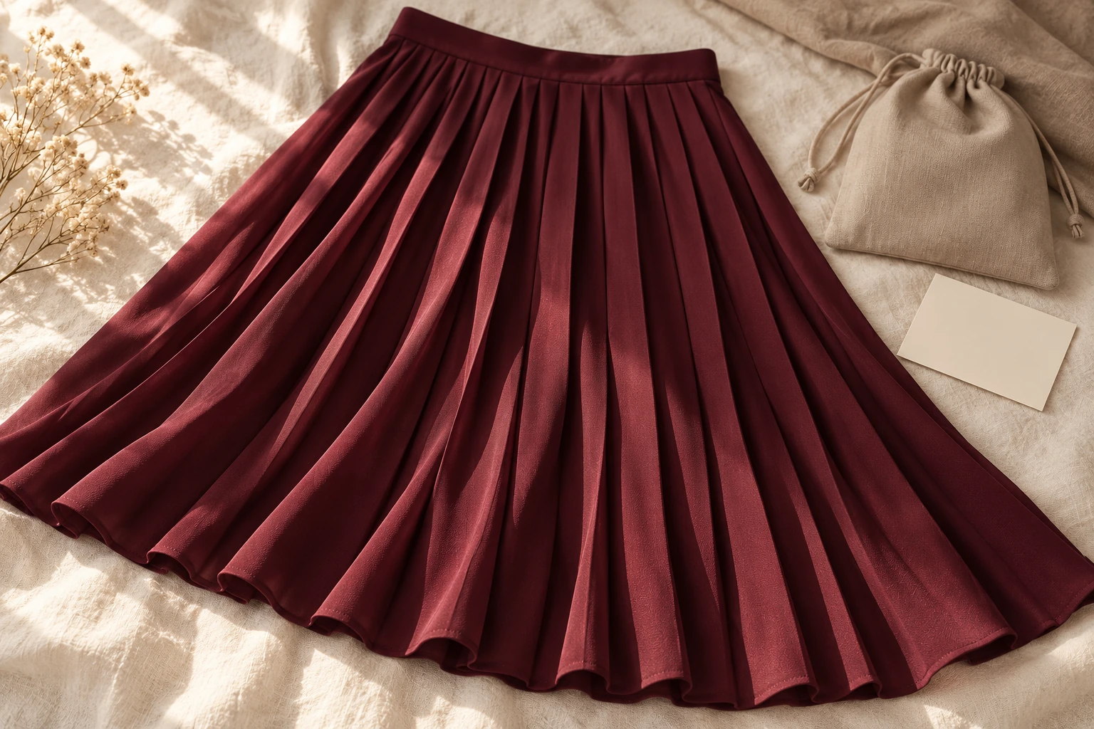 Burgundy pleated fabric arranged beside a taupe pouch and a blank care-note card.