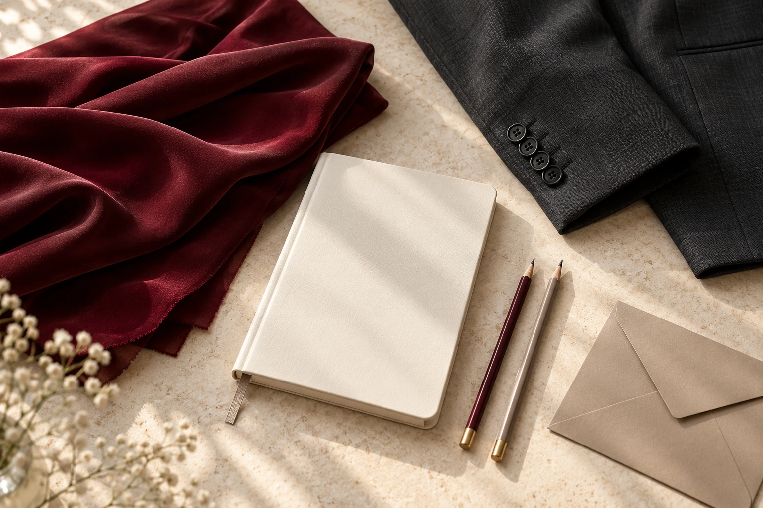 Burgundy fabric and a charcoal jacket sleeve beside a notebook, pencils and a plain envelope.