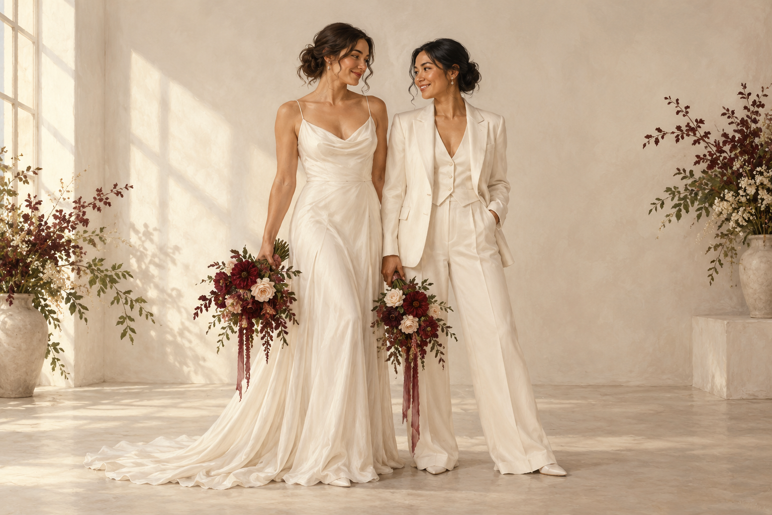 Editorial illustration of two brides in an ivory gown and a cream trouser suit holding burgundy bouquets.