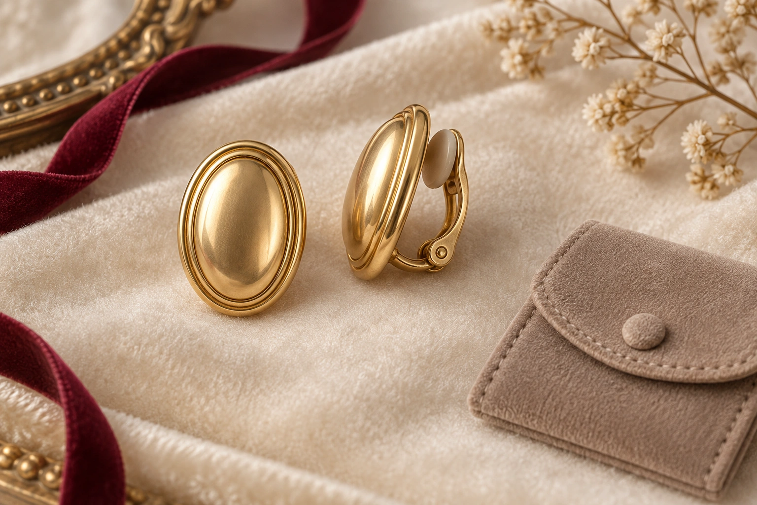 Gold-tone oval clip-on earrings shown from the front and back beside a taupe pouch.