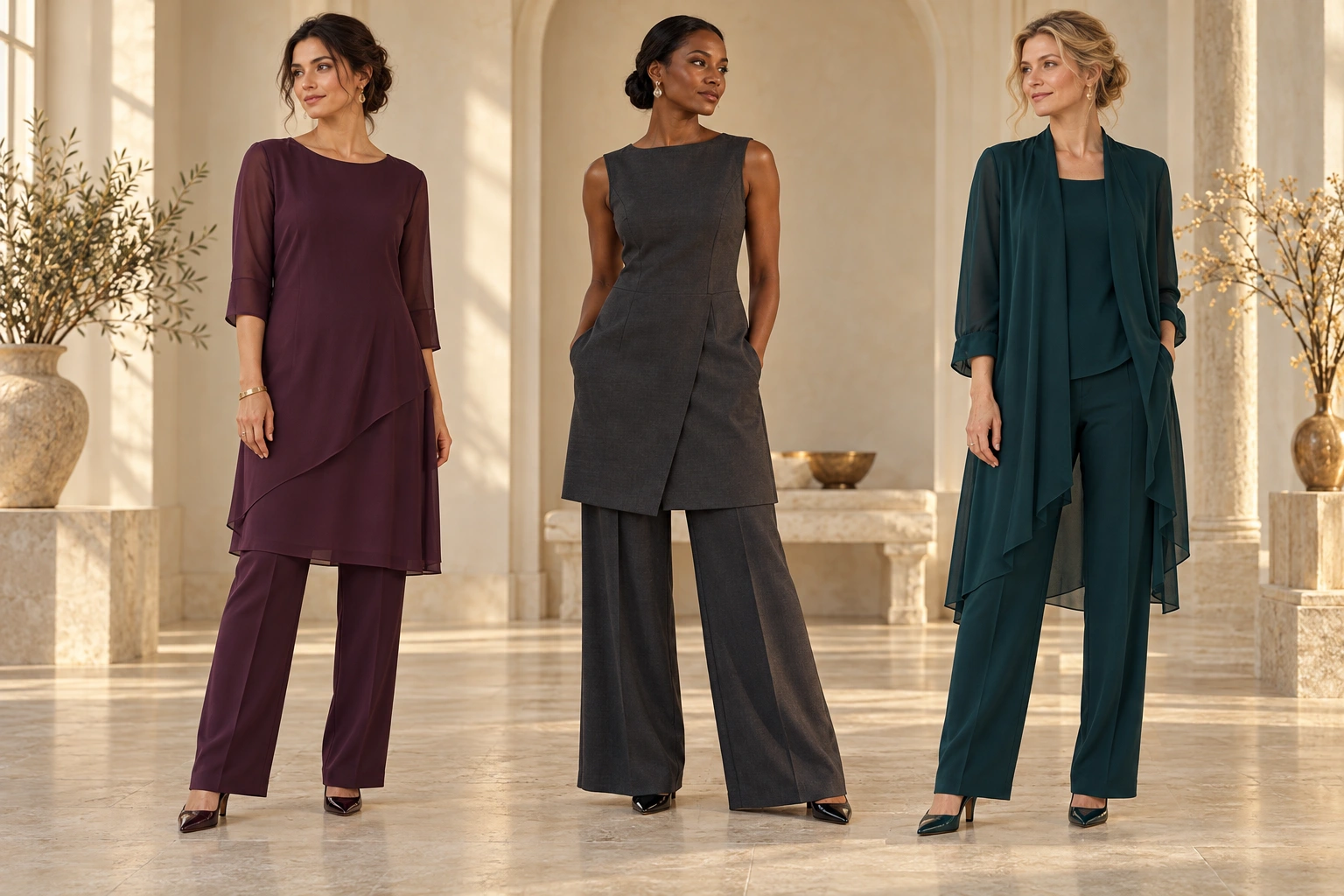 Three adults wear plum, charcoal and teal dresses or tunics layered over coordinated trousers.