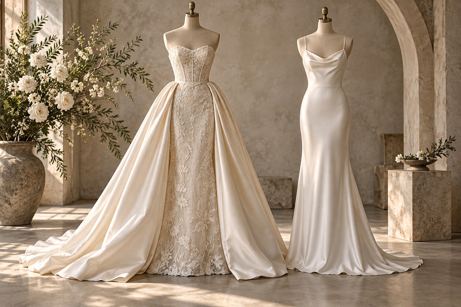 Editorial comparison of an overskirt bridal look and a separate reception dress.