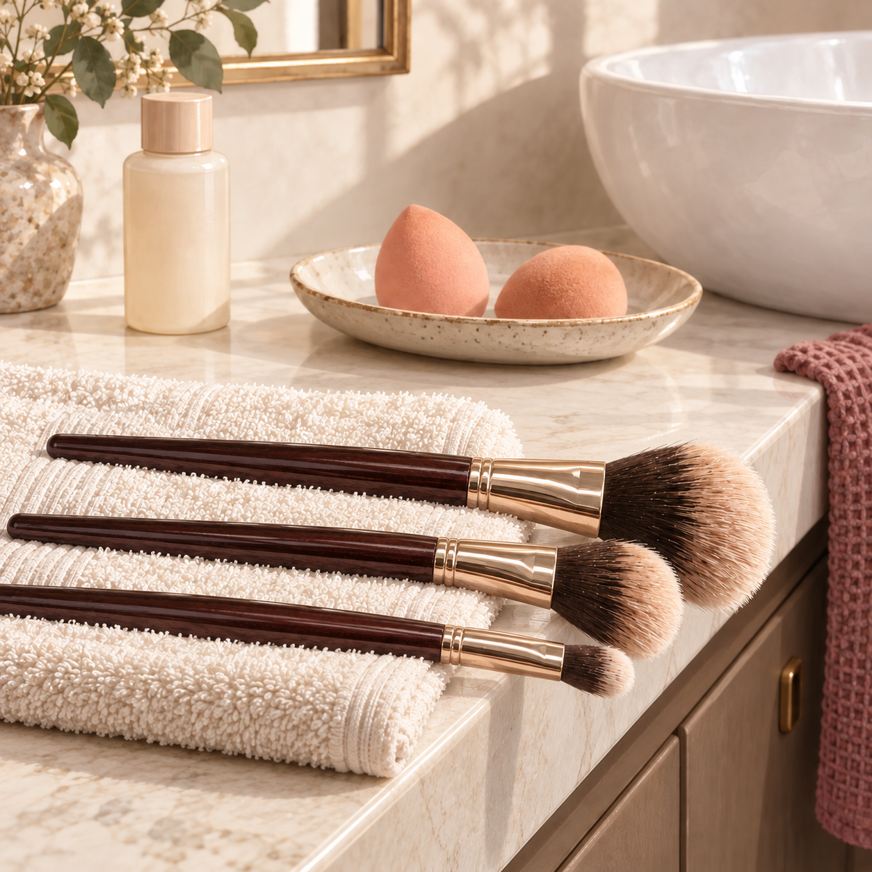 Makeup brushes resting flat with bristles over a counter edge, with two sponges drying separately in an open dish.