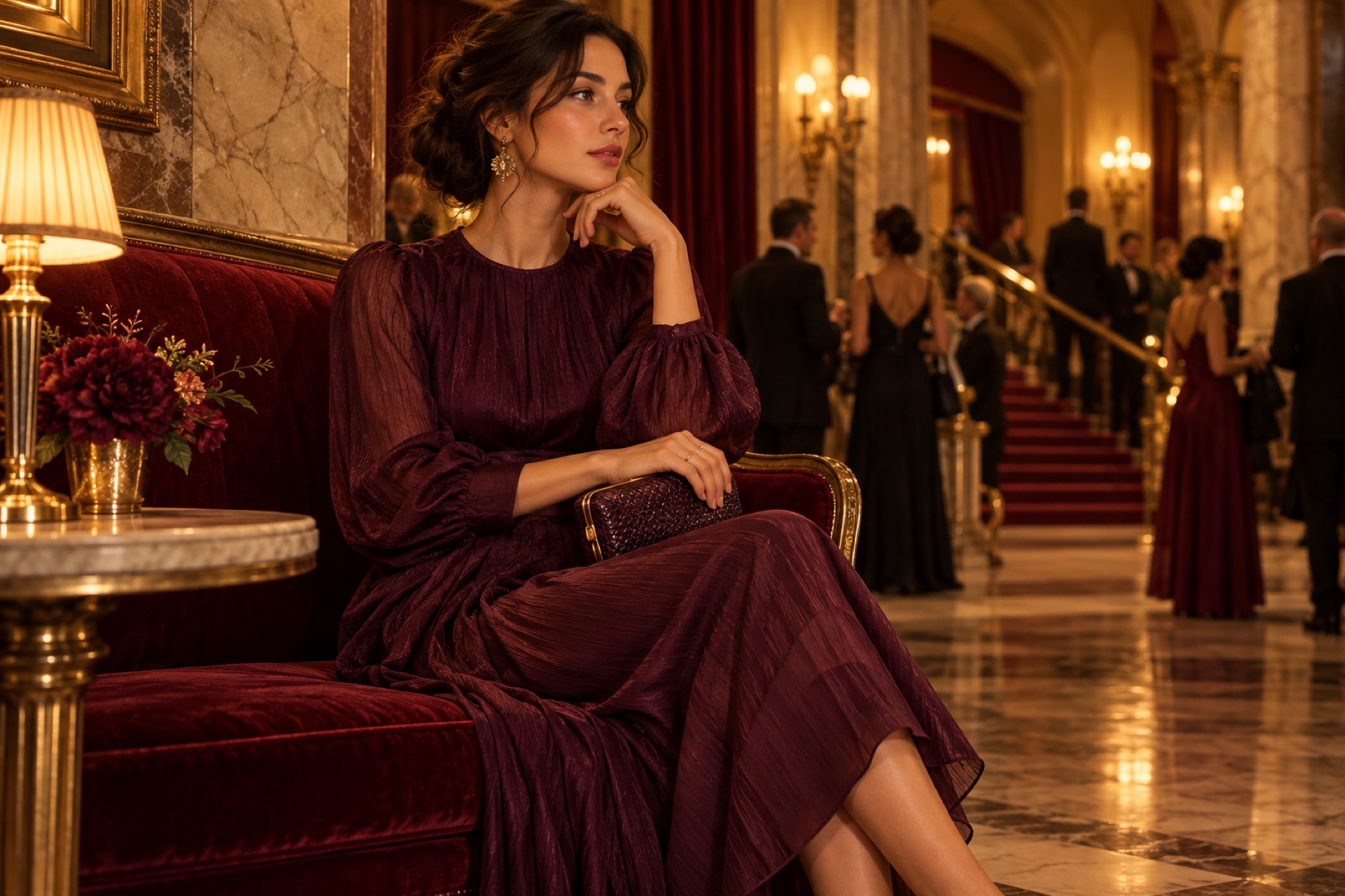 Aubergine evening dress and compact bag in a warmly lit theater setting.