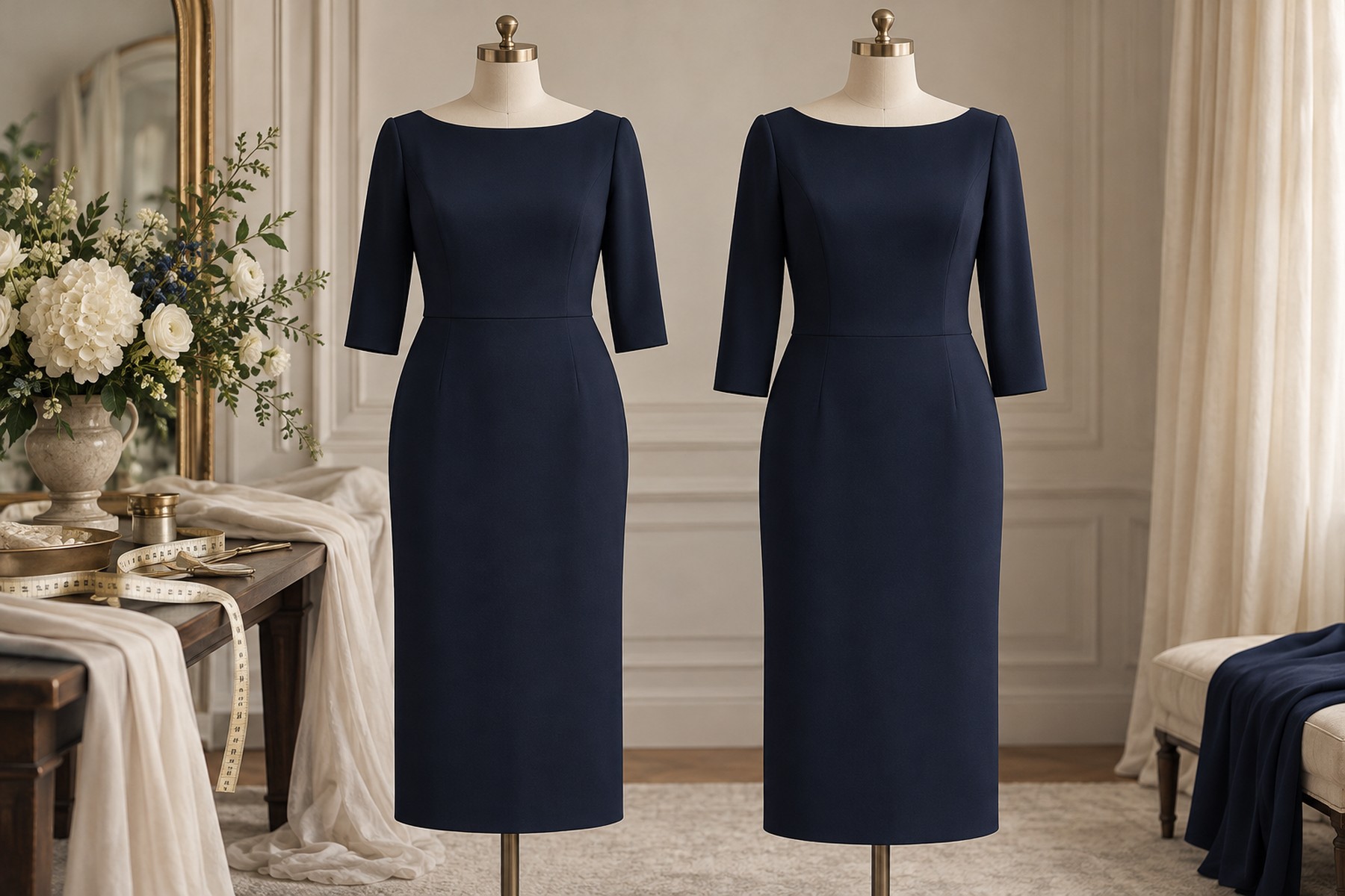 Editorial comparison of two occasion dresses with different bodice and sleeve proportions.