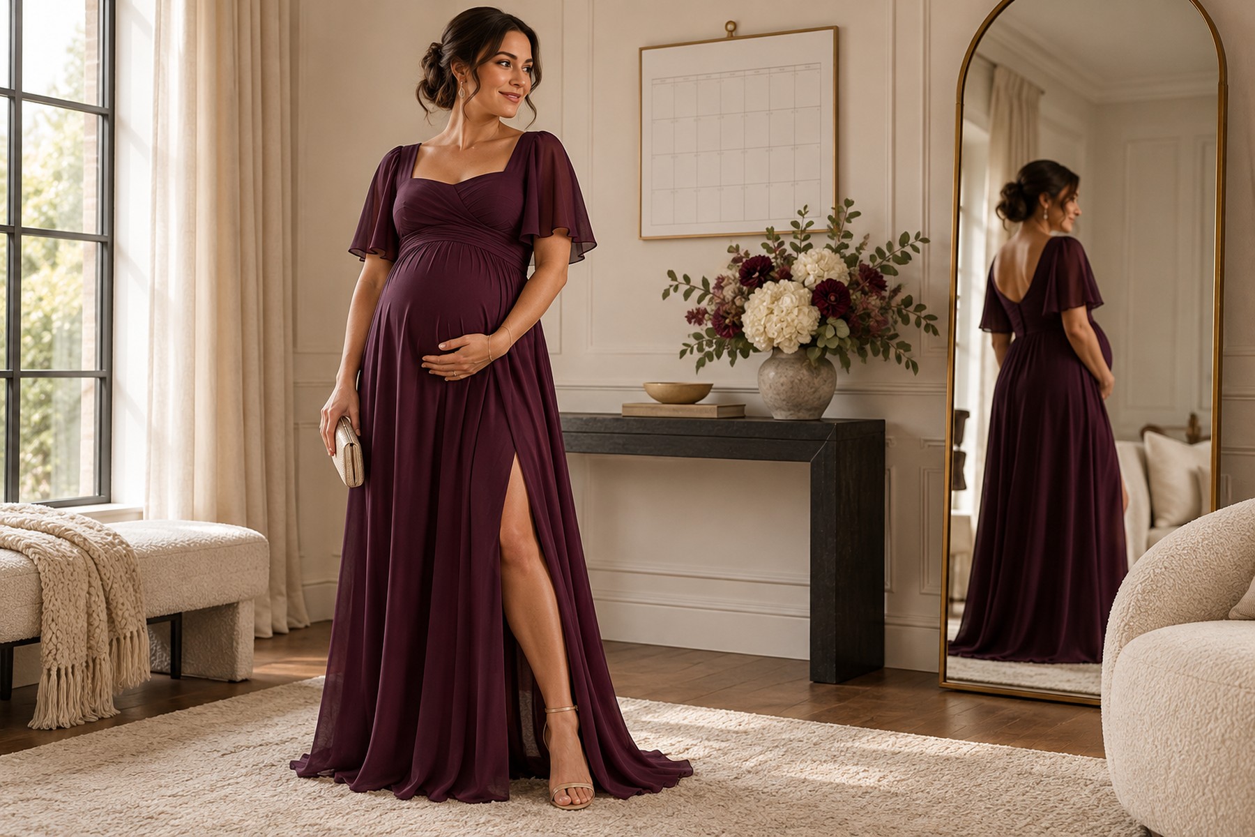 Editorial illustration of a pregnant wedding guest considering an occasion outfit.