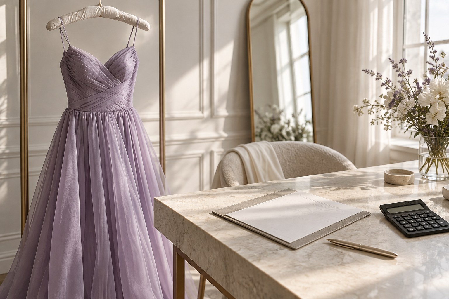 Conceptual lavender formal dress beside a blank order folder, pen and unbranded calculator on a stone desk.