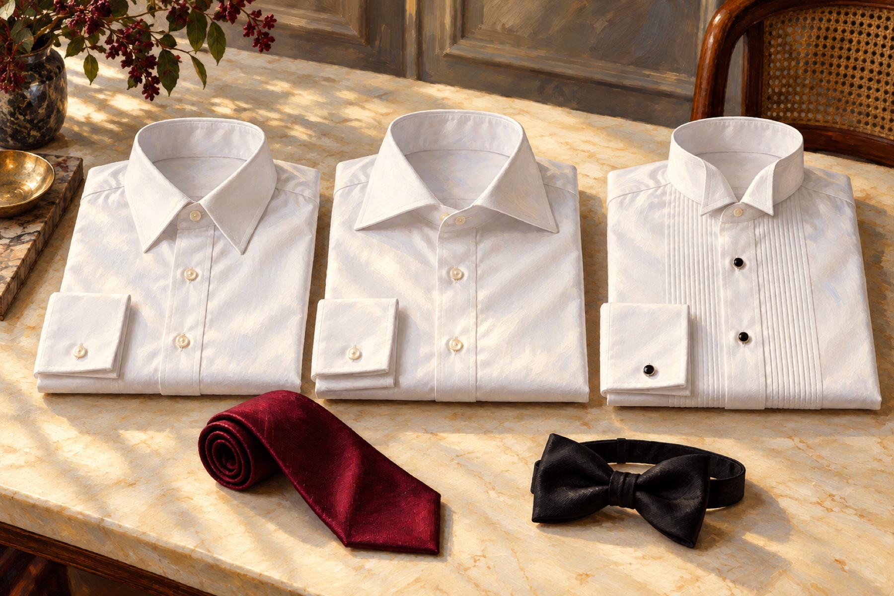 Three folded white shirts show point, spread and wing collars beside a burgundy necktie and black bow tie.