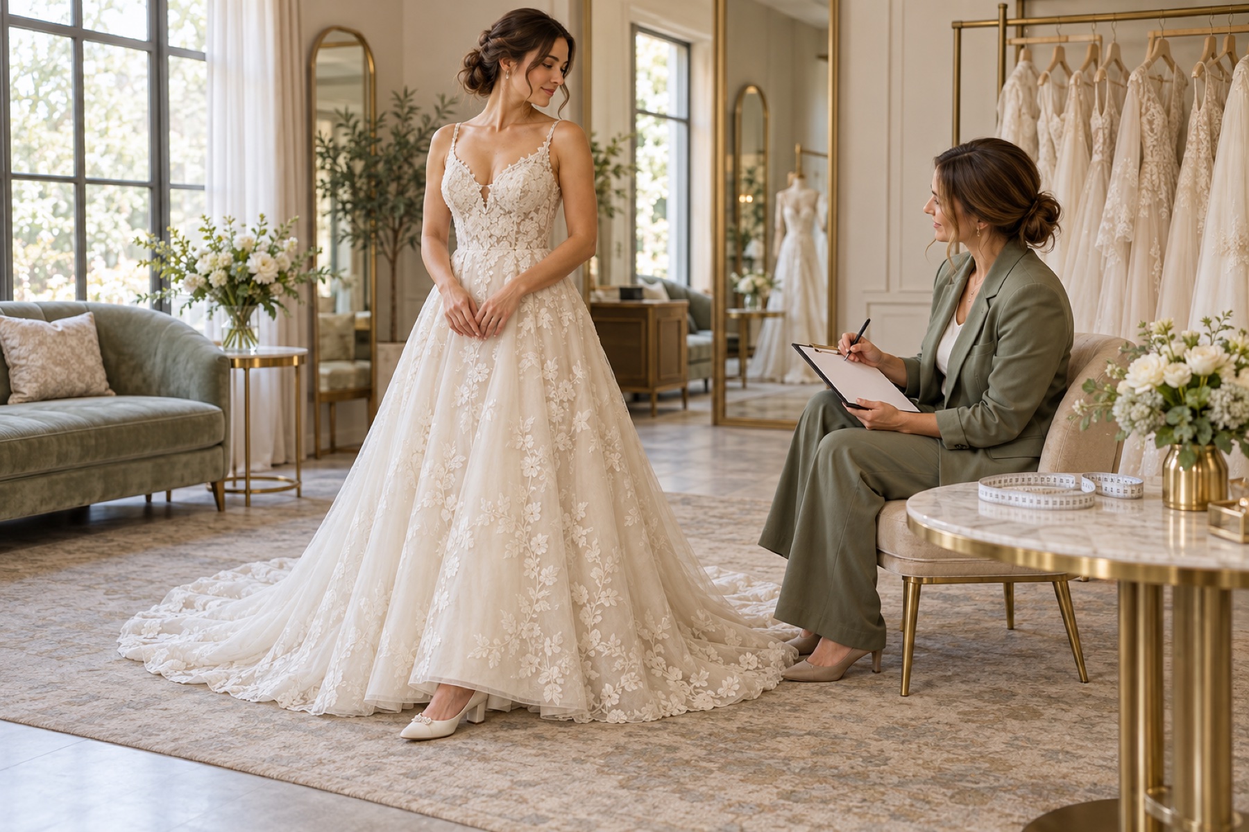 A bride in an ivory gown and low shoes stands beside a seated consultant reviewing a blank order sheet.