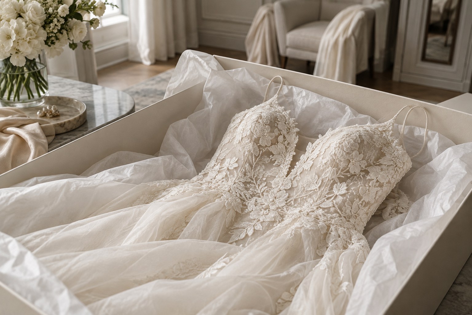 Conceptual ivory bridal gown resting in a wide storage box with white tissue supporting its soft folds.